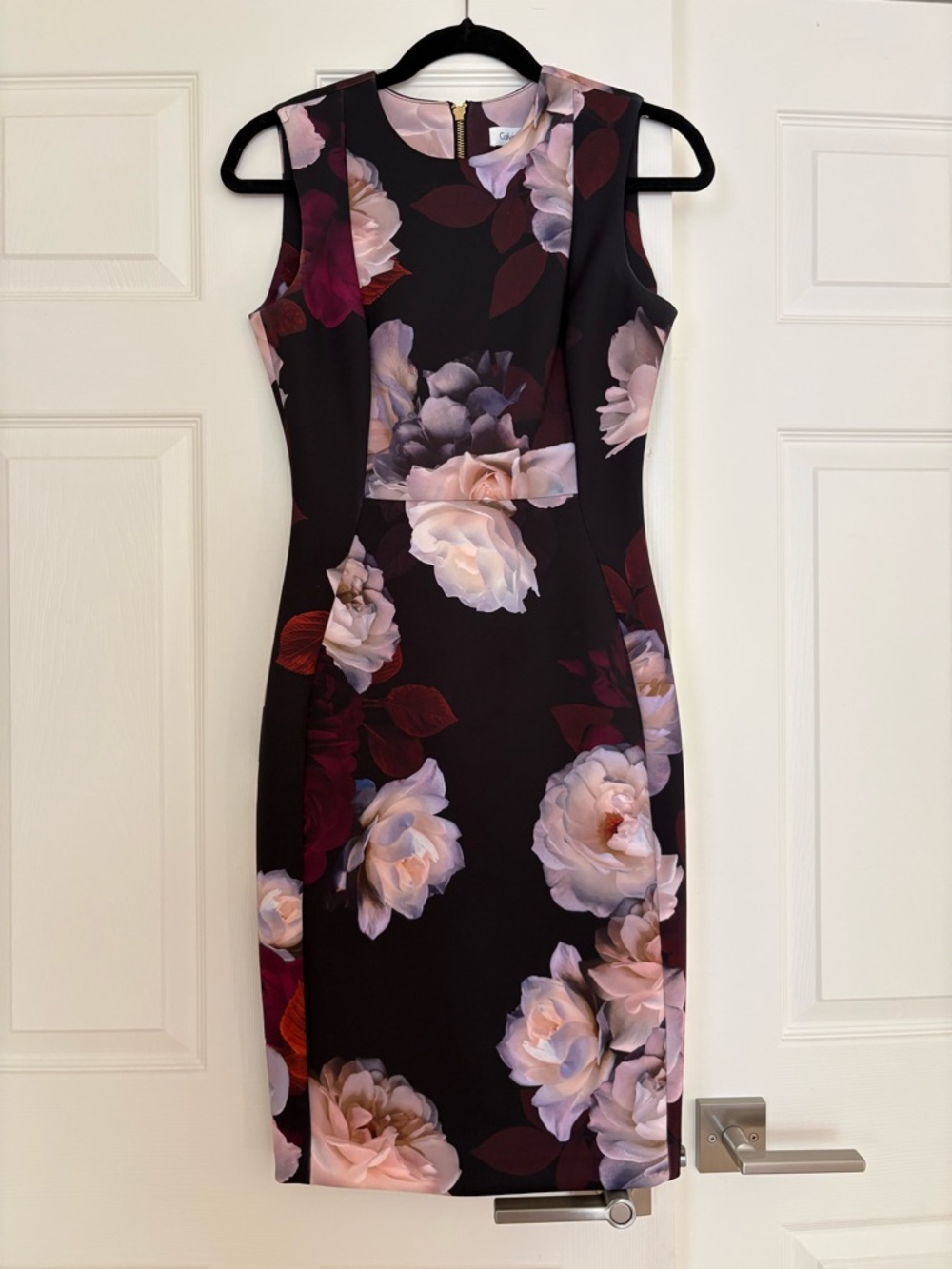 Calvin Klein Black Midi Sheath Dress with Pink and Cream Floral Print